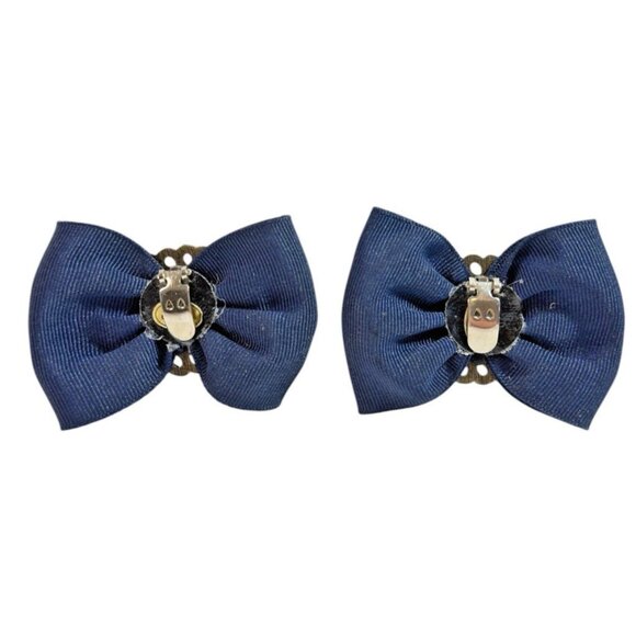 Vintage Shoe Clips Bows 2.25” Navy Blue Ribbon Brass Tone Metal Ring Set Of 2 - Picture 6 of 14